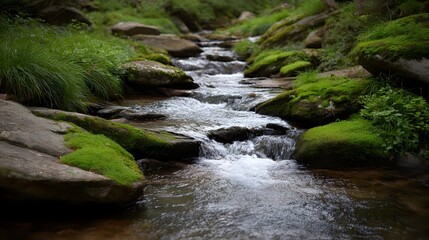 Fototapeta premium A clear stream flows gently over moss covered rocks amidst lush green vegetation highlighting the beauty of a natural woodland setting