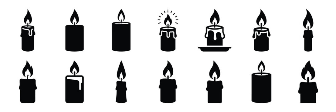 christmas  holiday candle flame icon set silhouette on black colour and white background. Holiday silhouette vector icons.