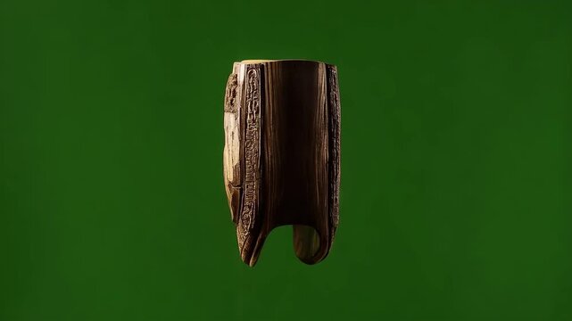 A wooden mask with a dark brown color and carved design on a green background