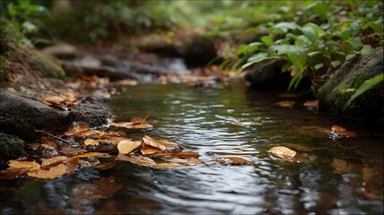 Obraz premium Close up view of fallen autumn leaves gently floating on the surface of a serene forest stream surrounded by mossy rocks and green vegetation