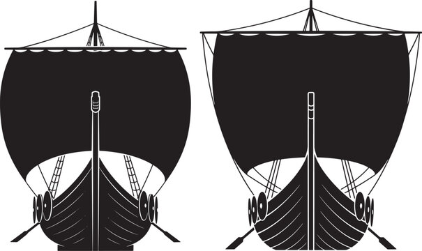 Viking longship illustration, front view of ancient Nordic sailing vessels with black sails. Historical seafaring concept.
