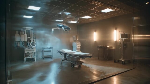 Medium shot of an Xray room showcasing a shielded wall with a patient gurney in soft focus highlighting sterile medical equipment and subdued lighting.