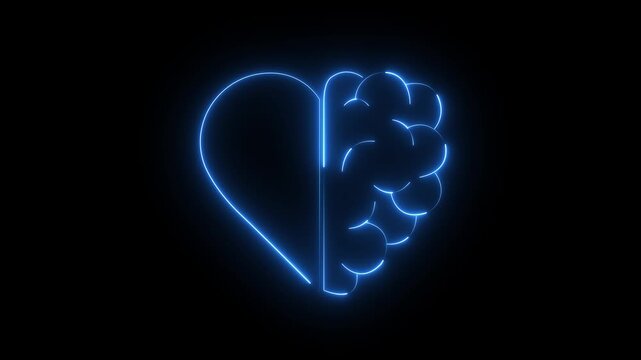 Glowing neon heart and brain icon on black background for emotional intelligence concepts. Mind and heart connection. Cognitive-emotional harmony. blue neon heart brain symbol concept.