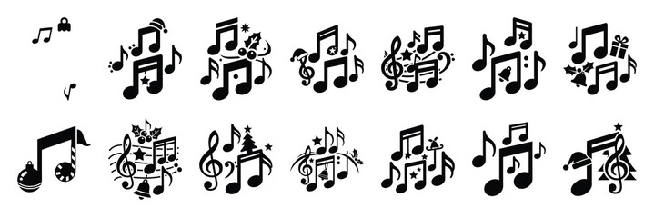 Obraz premium christmas music notes icon set silhouette on black colour and white background. Holiday silhouette vector icons.