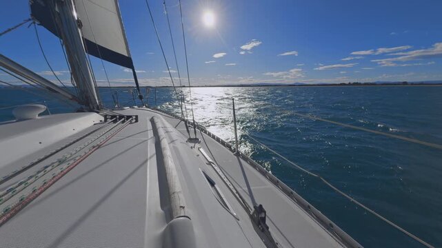 Valencia sailboat sailing on Mediterranean Sea with sun reflections