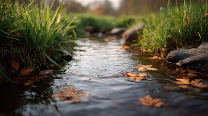 Obraz premium A gentle stream flows through a grassy bank carrying fallen autumn leaves bathed in soft light