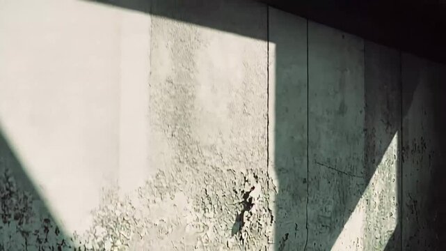 Weathered concrete wall surface features peeling paint and texture, illuminated by strong diagonal sunlight creating contrasting light and shadow patterns
