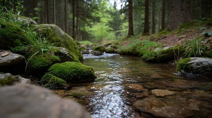 Fototapeta premium A clear forest stream winds through moss covered rocks and lush green trees in a serene natural landscape