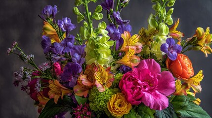 Fototapeta premium A vibrant bouquet of colorful flowers against a dark background