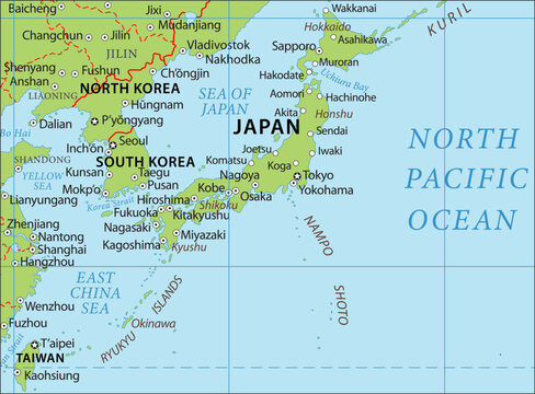 Vector political, geographical
world map. Eastern asia with regions of japan - 
hokkaido, honshu, tokyo, osaka,
ryukyu islands, yokohama, shikoku,
kyushu, okinawa, nampo shoto, korean peninsula.