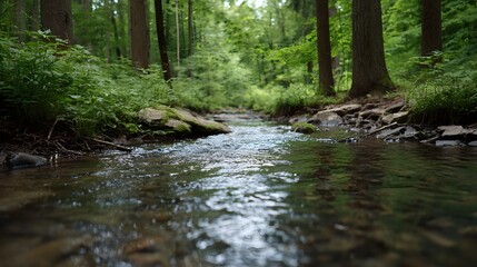 A clear forest stream flows through lush green woods with d d sunlight