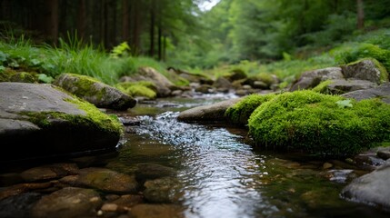 Obraz premium A tranquil forest scene featuring a clear brook gently flowing over moss covered rocks surrounded by lush green vegetation