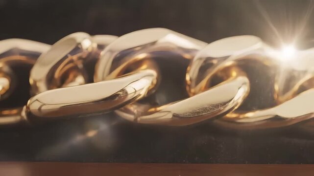 A close-up view reveals the intricate detail and brilliant polish of large, interlocking gold chain links.