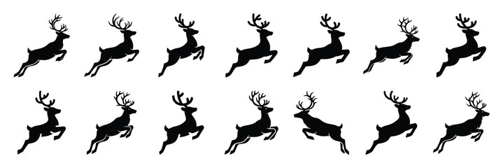 christmas  reindeer jumping icon set silhouette on black colour and white background. Holiday silhouette vector icons. © Bemol