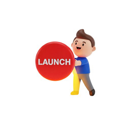 Fototapeta premium Cartoon man pushing a launch button