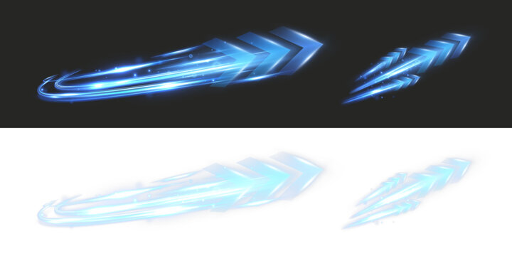 Set of blue glowing speed arrows with light trails and motion effects on transparent background.

