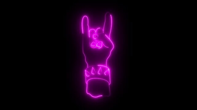 glowing neon rock and roll hand icon animation on black background. rock and roll hand icon. neon Hand gesture signifying rock music in style. club sign board social media motion design element.