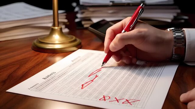 A person's hand holding a red pen makes corrections and marks on a paper document, indicating review or editing.
