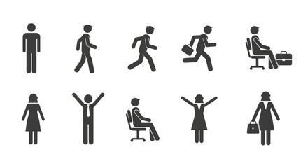 Collection of business icons depicting men and women in various poses and activities related to work and office life