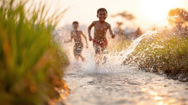 Children running through a stream with splashing water, surrounded by tall grass and a sunset backdrop, capturing a joyful moment in nature