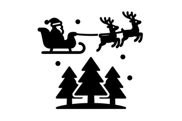 Santa Claus flying in a sleigh pulled by reindeer over a winter forest landscape