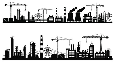 An industrial cityscape featuring factories power plants and cranes depicted in a striking black silhouette high quality professional detailed modern elegant © Ashik