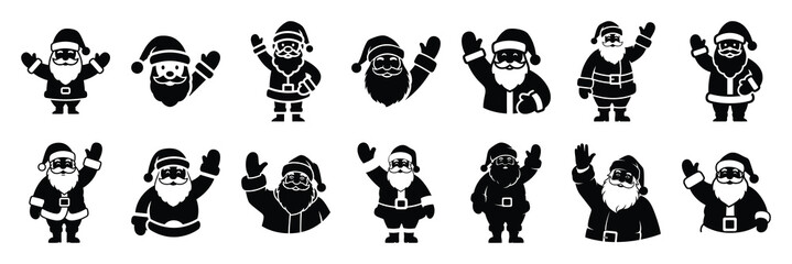 Fototapeta premium christmas santa waving icon set silhouette on black colour and white background. Holiday silhouette vector icons.