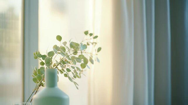 Eucalyptus branches in a modern mint green vase and clear glass with water creating a tranquil, minimalist home decor scene, reflecting a sense of peace and natural beauty with soft window light