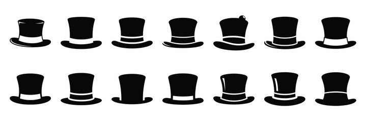 Obraz premium christmas snowman top hat icon set silhouette on black colour and white background. Holiday silhouette vector icons.