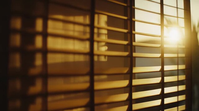 Warm sunlight streaming through partial opened horizontal wooden blinds illuminating an interior space, creating a cozy and inviting atmosphere with natural light and soft shadows