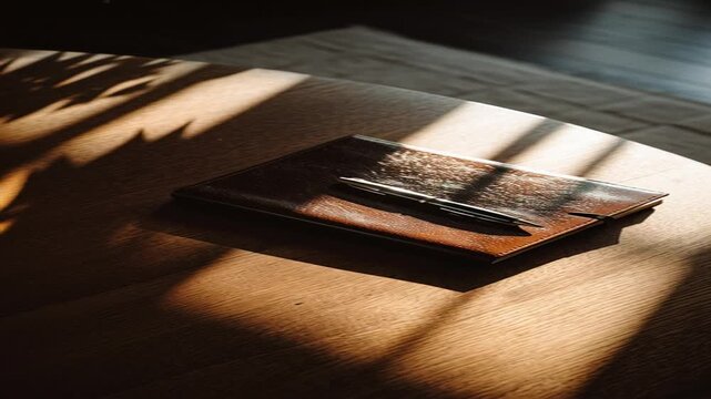 A book and pen on a wooden table with sunlight and shadows.