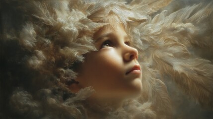 Fototapeta premium A serene child surrounded by soft feathers looks upwards with a peaceful expression