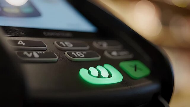 A close-up shot of a modern payment terminal highlights the illuminated green contactless payment symbol, ready for a transaction.