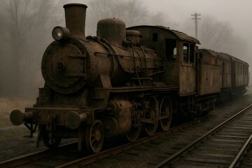 Obraz premium Vintage steam train covered in rust on a misty day