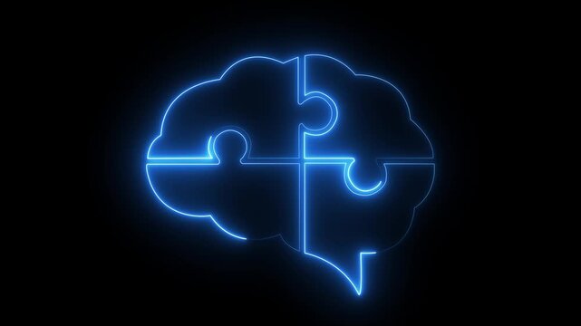 glowing neon brain puzzle icon isolated on black background. brain icon symbolizing intelligence and problem solving against. 4k motion video.