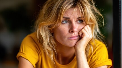Naklejka premium A woman sits in a café leaning on her hand and gazing into the distance