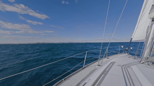 Valencia sailboat sailing on Mediterranean Sea with sun reflections