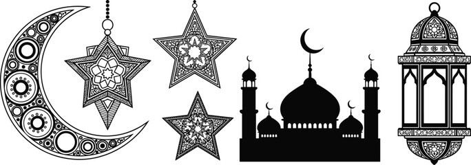 Obraz premium Islamic Ramadan decorative icon set, crescent moon stars mosque lantern elements, elegant black Arabic religious vector illustration collection