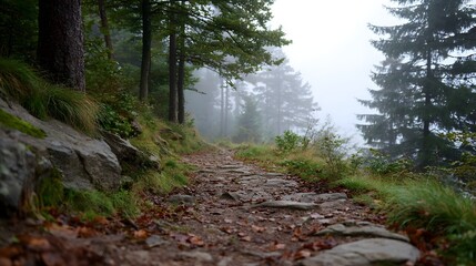 Obraz premium A winding stone path covered in fallen autumn leaves leads through a misty evergreen forest