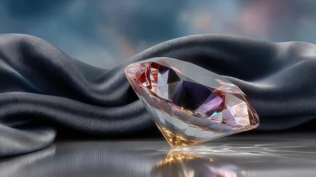A large, multifaceted diamond rests on a metallic surface beside draped fabric. Refraction and light play