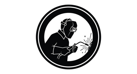 A black circular emblem depicts a welder working with sparks flying presented as a striking silhouette high quality professional detailed modern