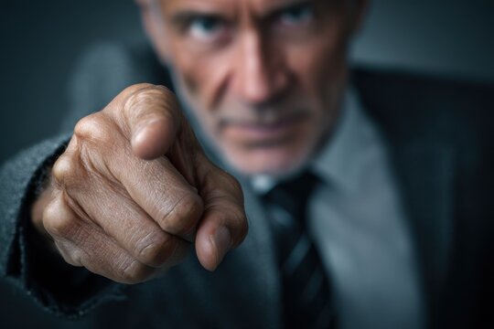 Businessman points finger directly at camera during serious discussion in office setting, emphasizing a key point about professionalism and leadership dynamics
