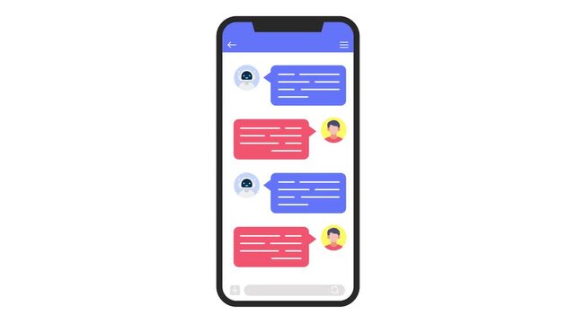 Animation virtual assistant flat icon with a smartphone, chat, user, robotic on a white background in 4K resolution.