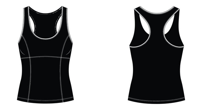 Technical illustration displaying a black racerback tank top from both front and back views a minimalist silhouette high quality professional detailed