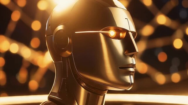 Gold android head close-up looks forward against a blurred bokeh background