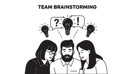Obraz premium Team brainstorming with lightbulbs and question marks above people's heads