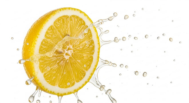 Fresh lemon slice being squeezed, juice splashing, sour taste sensation, vibrant texture, frozen motion, hyper realistic, isolated on white background, commercial food photography