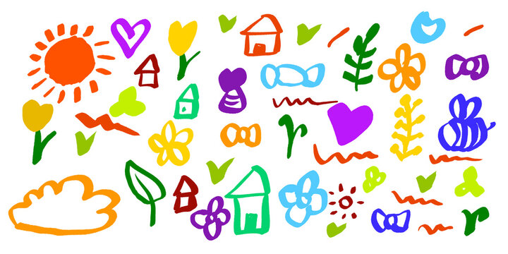 Colorful hand drawn doodle illustration with flowers, hearts, houses, sun, bees and nature elements. Cute childish sketch style background perfect for kids design, creative art, education, posters .