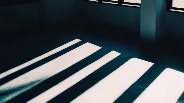 Sunlight beams creating abstract geometric patterns and contrasting shadows on a textured floor, highlighting architectural minimalism and the interplay of light in a silent space