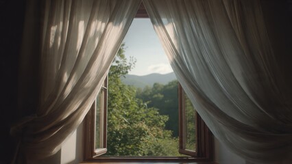 Obraz premium Open Window View with Flowing Curtains